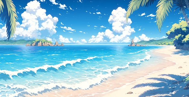 Piaszczysta plaża z krystalicznie czystą wodą w stylu anime