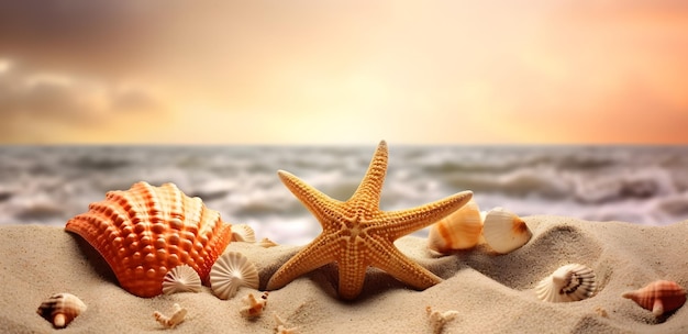 Piaszczysta plaża z muszelkami i rozgwiazdą w stylu marzycielskiego horyzontu Generative AI