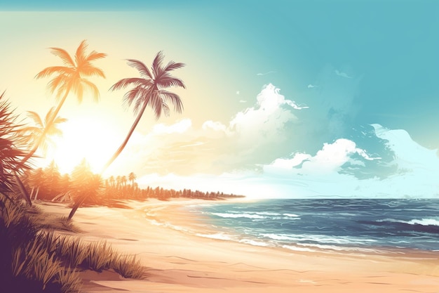 Piaszczysta plaża z palmami w pobliżu oceanu w promieniach słońca Koncepcja letniego generatywnego ai