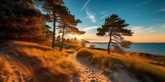 piaszczyste wydmy na plaży Bałtyku zachód słońca na plaży sosny słońce odbija się na wodzie