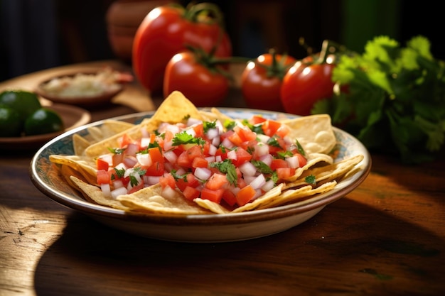 Pico de gallo z chipsami tortilla na talerzu