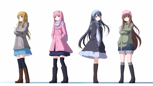 Pięć anime dziewczyny w różnych strojachanimea białe tło grupa dziewczyn