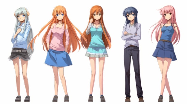 Zdjęcie pięć anime dziewczyny w różnych strojachanimea białe tło grupa dziewczyn