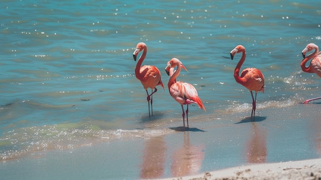 Pięć flamingów stoi w wodzie na plaży.