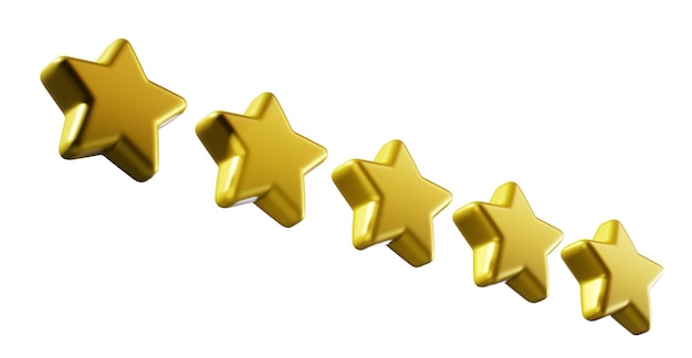 Zdjęcie pięć gwiazdek błyszczący żółty koncepcja oceny klienta od klienta na temat pracownika strony internetowej realistyczny projekt renderowania 3d obiektu do aplikacji mobilnych
