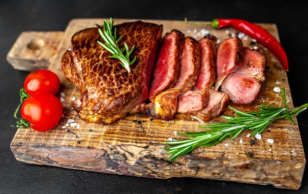 Piec na grillu stek wołowy, ziele i pikantność na tnącej desce na kamiennym tle, odgórny widok