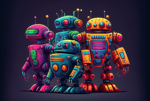 Pięć płaskich kolorowych robotów w zestawie