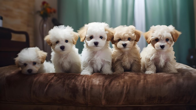 Pięć psów Maltipoo mieszających pochodzenie maltańskiego i pudla jest umieszczonych na kanapie w obrębie ogrodzenia