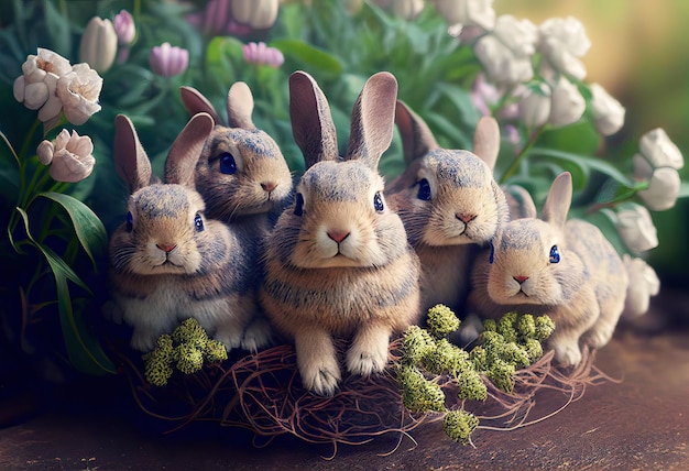Pięć uroczych małych królików siedzi w kwiatach Generacyjna koncepcja AI Art Wielkanoc Przytulna scena z białymi kwiatami