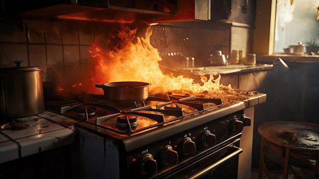 Zdjęcie piec zapalił się w kuchni podczas gotowania dymu i sadzy wokół ogniska w domu