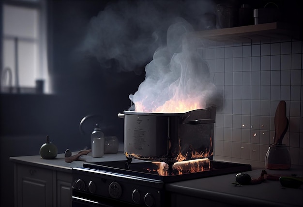 Piec zapalił się w nowoczesnej kuchni podczas gotowania dymu i sadzy wokół ognia w domu Generuj Ai