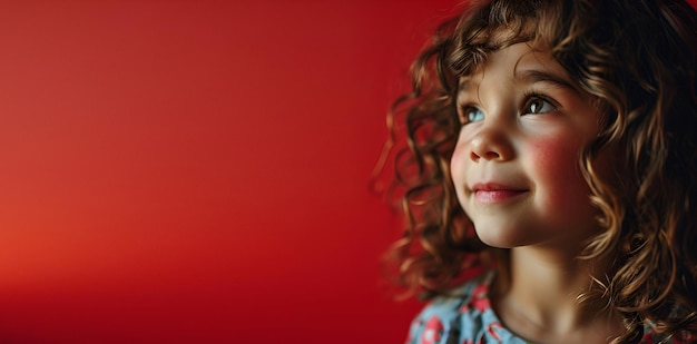 Zdjęcie pięcioletnia dziewczynka z kręconymi włosami i niebieskimi oczami uśmiecha się do czerwonej ściany wygenerowanej przez sztuczną inteligencję