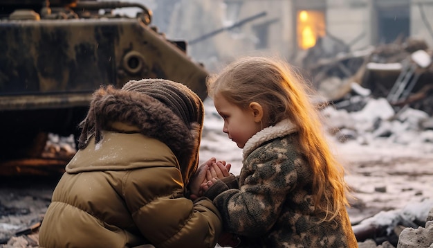 Pięcioletnia Ukraińska Córka I 30-letnia Ukraińska Mama Modlą Się Razem W środku