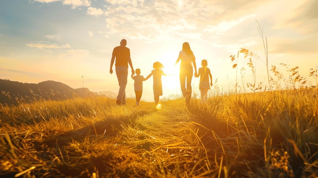 Pięcioosobowa rodzina idzie przez pole z wysoką trawą, słońce zachodzi, a niebo ma ciepły złoty kolor.