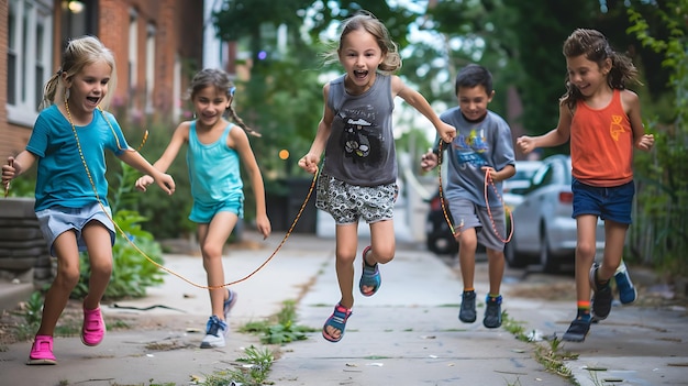 Zdjęcie pięcioro dzieci bawi się w skakanie na linie na ulicy. wszyscy się uśmiechają i bawią.