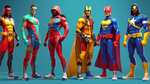 Zdjęcie pięciu superbohaterów w różnych pozycjach wszyscy noszą kolorowe kostiumy i mają unikalne supermoce tło jest niebieskim gradientem