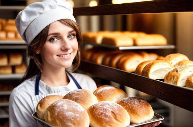 Pieczenie chleba Młoda dziewczyna piekarka trzymająca świeżo upieczony chleb w kapeluszu piekarskim