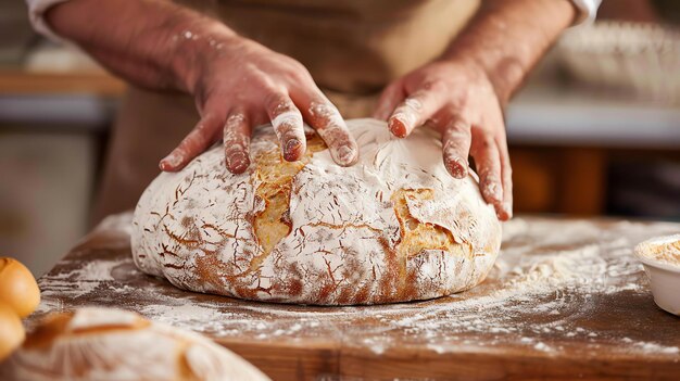 Zdjęcie pieczenie ciasta piekarz piecze ciasto na drewnianym stole w piekarni