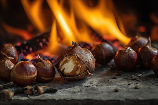 Pieczenie kasztanów jesień jadalne kasztany w ogniu pieczone kasztany grillowane marroni abstrakcyjne generatywne Ai ilustracja