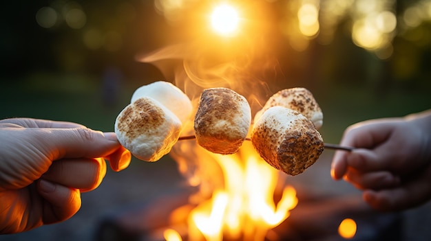 pieczenie marshmallows na patyku blisko z rękami w ciepło wieczornego ognia obozowego