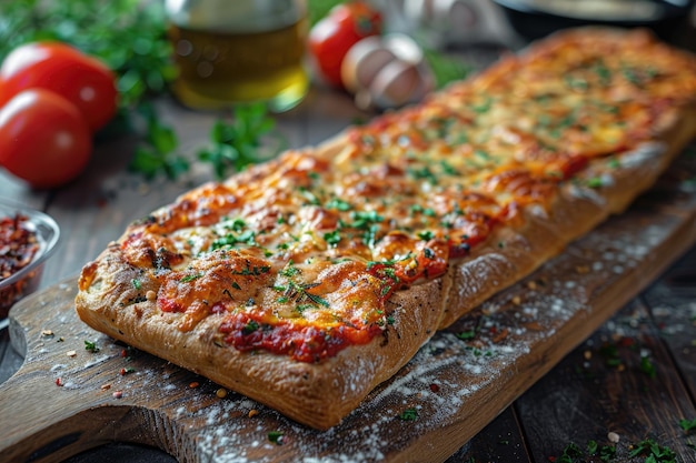 Pieczona pizza z francuskim chlebem Baguette na drewnianej desce do cięcia