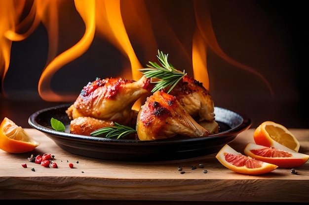 Pieczone ćwiartki kurczaka i pieczone kliny pigwy na talerzu ustawionym na drewnianym stole żywe otwarte płomienie