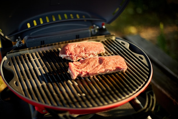 Pieczone Mięso Na Grillu Gazowym Na Grillu Grillowym Na świeżym Powietrzu Na Podwórku Grillowany Stek