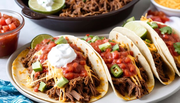 Zdjęcie pieczone tacos z meksykańską mięso wołowe i ser ser serwowane z kwaśną śmietaną i salsa