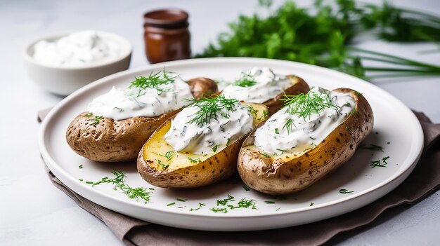 Pieczone ziemniaki z jogurtem na talerzu