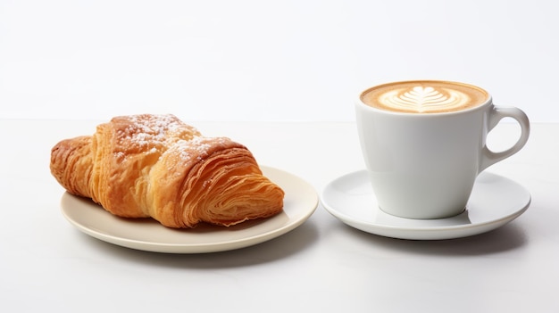 pieczony croissant i cappuccino z skomplikowaną sztuką latte na minimalistycznym tle