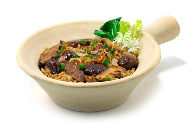 Pieczony kasztan z ryżem i grzybami w glinianym garnku Chiński styl żywności Udekoruj widok warzywny