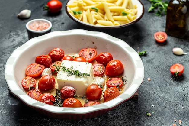 Pieczony Makaron Feta. Trendy Makaron Zapiekany Feta Z Pomidorkami Koktajlowymi, Serem Feta, Czosnkiem I Ziołami