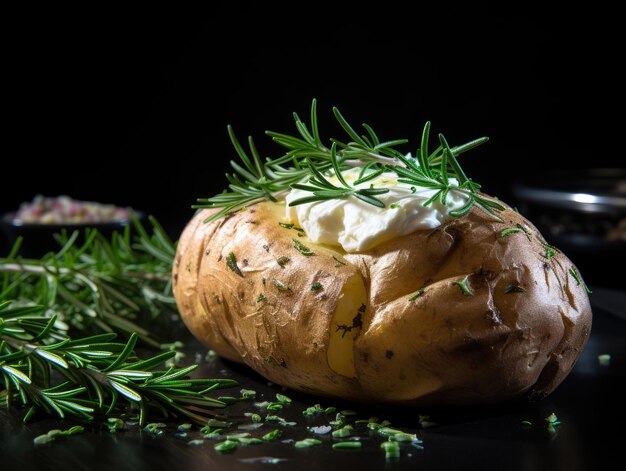 Zdjęcie pieczony ziemniak na ciemnym tle generatywnej ai