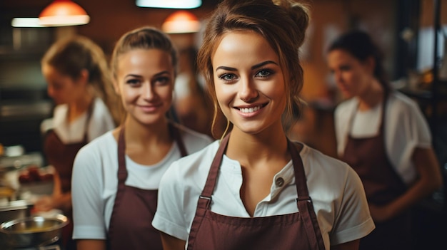 Piekarki uśmiechają się, zwracając się do kamery Zespół umundurowanych profesjonalnych kucharzy przygotowuje w kuchni jedzenie dla restauracji