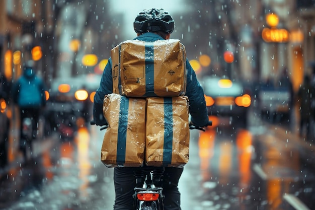 Piekarz niosący świeżo upieczony chleb na rowerze do swoich klientów w śnieżny dzień