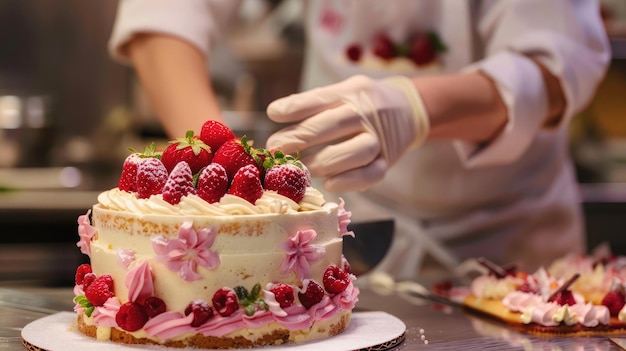 Piekarz pakujący pięknie ozdobiony tort do dostarczenia klientowi na uroczystość 39s