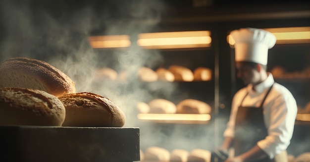 Piekarz piecze świeży chleb i ciasto w piekarni starego miasta rano gorące świeżo upieczone produkty na półkach i piekarniku mały lokalny biznes i produkcja żywności Generative Ai