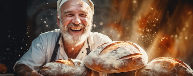 Zdjęcie piekarz robi w piekarniku świeży chleb z zakwasem z bałaganem mąki panoramowy baner generative ai