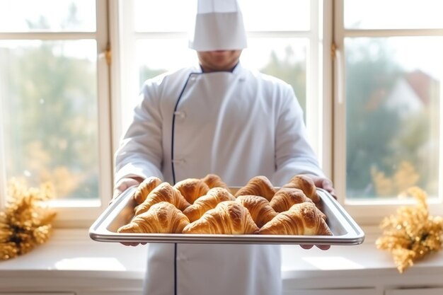 Piekarz trzyma świeżego rogalika w metalowej tacy