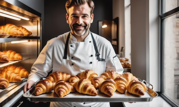 Piekarz trzymający metalową tacę pełną świeżych, oświetlonych croissantów