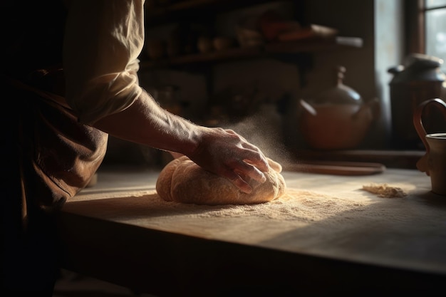 Piekarz ugniata ciasto na blacie pokrytym mąką