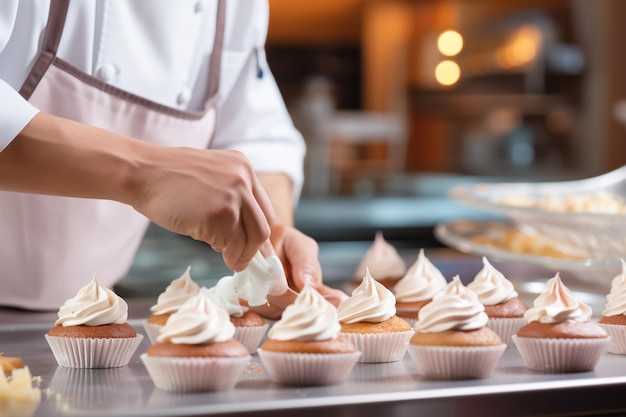 Zdjęcie piekarz używający torby do dekorowania cupcaków