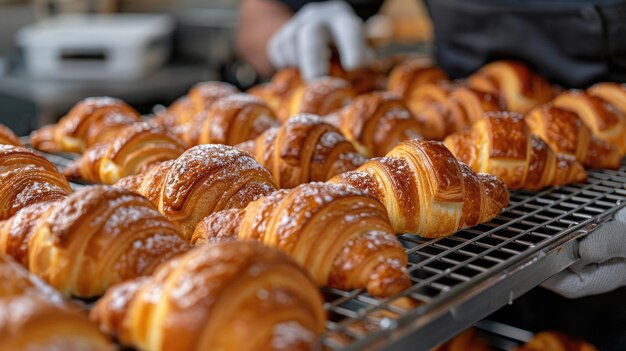 Piekarz w mundurze badający świeże croissanty na stojaku chłodzącym w piekarni