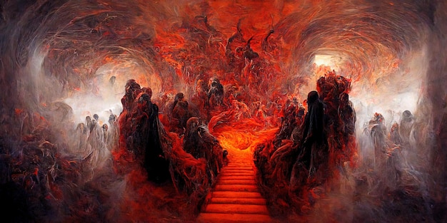 Zdjęcie piekielna metafora piekło dusze wchodzące do piekła w hipnotyzującym płynnym ruchu z piekielnym ogniem i dymem