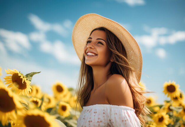 Piękna 18-letnia dziewczyna patrząca w górę pośród pola pięknych żółtych słoneczników pod niebieską sumą