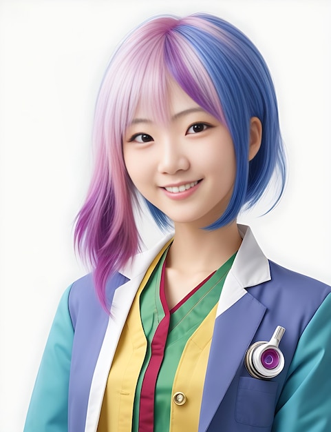 Piękna 21-letnia japońska dziewczyna uśmiechnięta lekarz z wielokolorowymi włosami