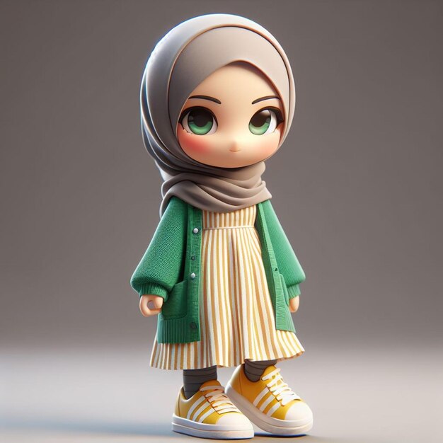 Piękna 3D kobieca postać chibi w hidżabie nosząca sukienkę z zielonym kardiganem i żółtym paskiem