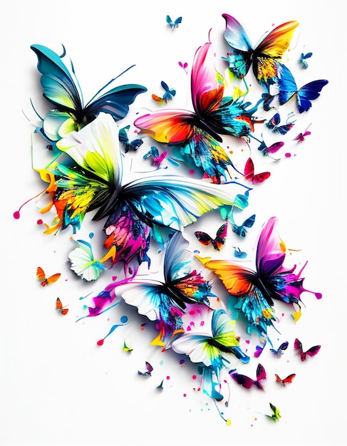 Piękna abstrakcja z jasnych motyli na białym tle