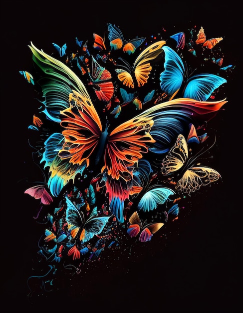 Piękna abstrakcja z jasnych motyli na czarnym tle