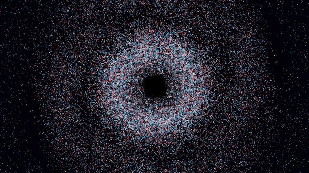 Piękna abstrakcyjna animacja wielobarwnych małych cząstek obracających się na czarnym tle